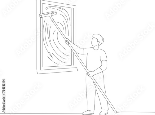 Outline Minimalist Man Cleaning Window with Squeegee for Home Maintenance