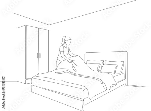 Minimalist Line Art Woman Making Bed in Bedroom Illustration