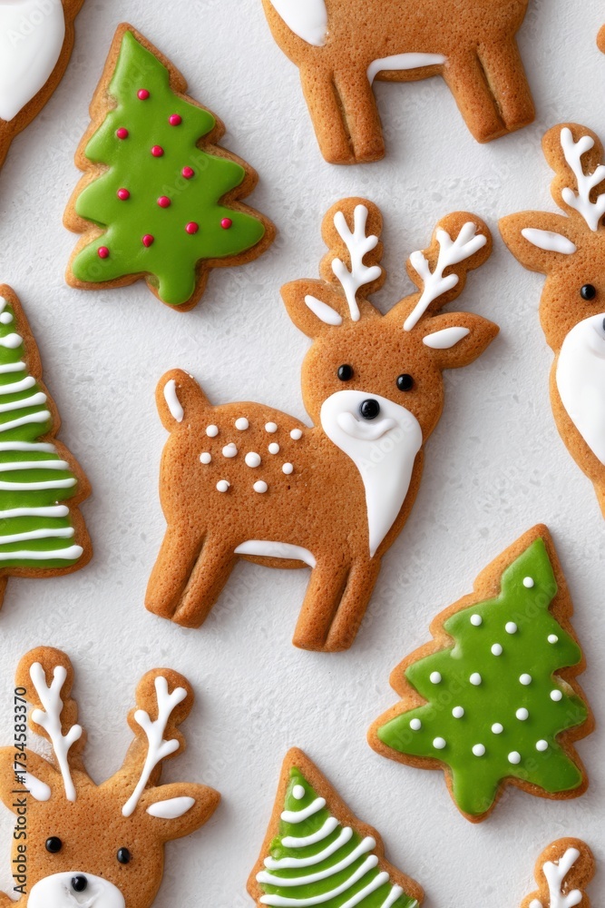 Fototapeta premium Cute gingerbread cookies shaped like reindeer and decorated with icing, surrounded by festive green trees, perfect for holiday celebrations and seasonal treats