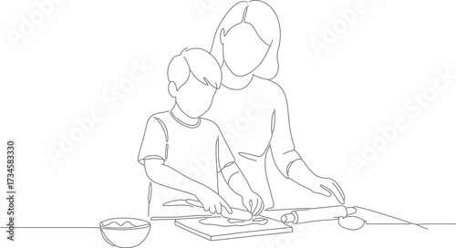 Line Art Mother and Son Preparing Food Together Illustration