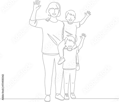 Minimalist Line Drawing Father and Children Waving Illustration Lifestyle