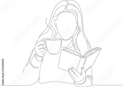 Simple Line Art Woman Reading Book With Coffee Cup Illustration
