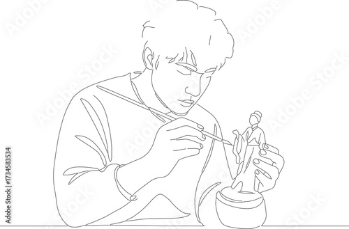 Simple Line Art Man Tending to Small Plant in Pot Illustration