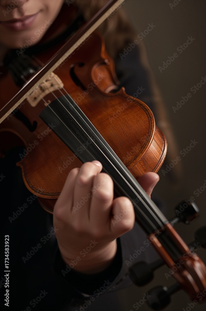 Fototapeta premium Harmony in Hands: A detailed shot captures the artistry as a violinist's fingers dance gracefully across the strings, the instrument resonating with a symphony of passion.