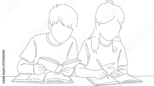 Line Art Kids Reading Together at Desk Education and Learning Illustration