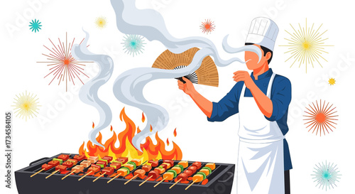 A chef grilling skewers with a fan and firework graphics, celebrating a festive outdoor cooking