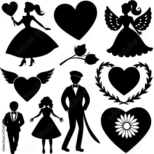 Valentine's Day Silhouette Vector,   Romantic Silhouette Vector,  Happy Valentine's day vector,  Valentines Day icon set, black silhouette style. Love, romance, wedding collection
