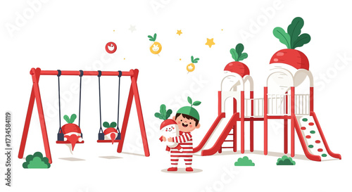 A cheerful playground scene with a child holding a radish doll among swings and slides