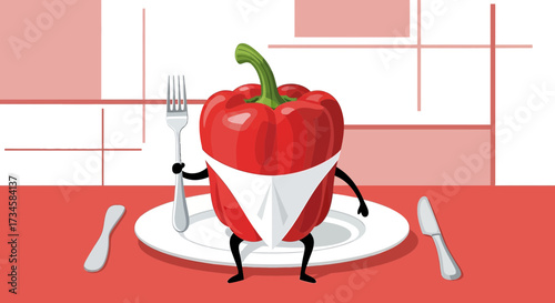 A comical red bell pepper character served on plate ready to eat with cutlery