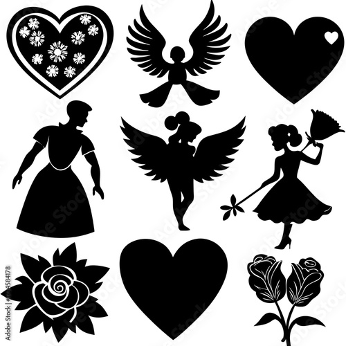 Valentine's Day Silhouette Vector,   Romantic Silhouette Vector,  Happy Valentine's day vector,  Valentines Day icon set, black silhouette style. Love, romance, wedding collection