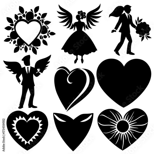 Valentine's Day Silhouette Vector,   Romantic Silhouette Vector,  Happy Valentine's day vector,  Valentines Day icon set, black silhouette style. Love, romance, wedding collection
