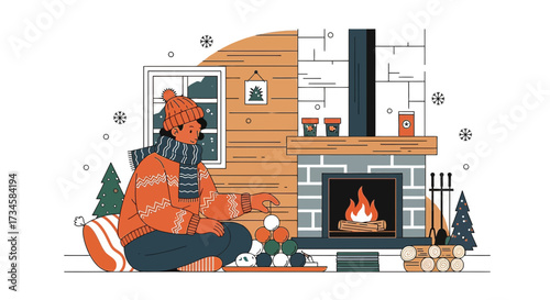 A cozy winter scene of a person decorating Christmas balls by a warm fireplace indoors