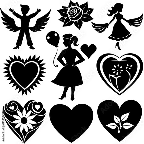 Valentine's Day Silhouette Vector,   Romantic Silhouette Vector,  Happy Valentine's day vector,  Valentines Day icon set, black silhouette style. Love, romance, wedding collection