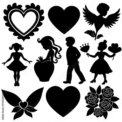 Valentine's Day Silhouette Vector,   Romantic Silhouette Vector,  Happy Valentine's day vector,  Valentines Day icon set, black silhouette style. Love, romance, wedding collection