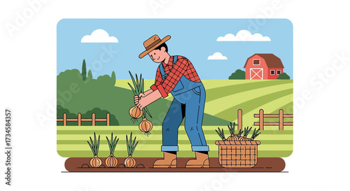 A farmer harvests onions in a rural setting, showcasing agricultural work and country life with a