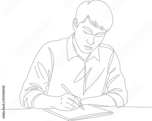 Line Art Man Writing on Paper Focused Occupation Illustration