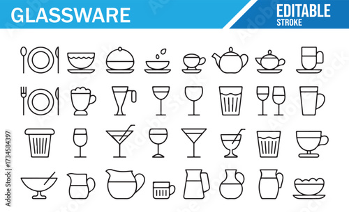 Tea and Coffee Service Icons — Cups, Saucers, Kettle, Creamer