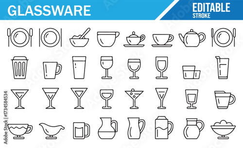 Kitchen Glassware Icons — Plates, Bowls, Teapot, Cups, and Pitchers