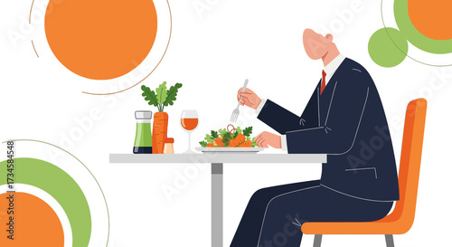 A modern illustration of a businessman enjoying a healthy carrot salad at lunch