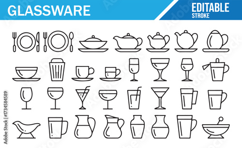 Bar and Café Glasses — Thin Line Editable Icon Set
