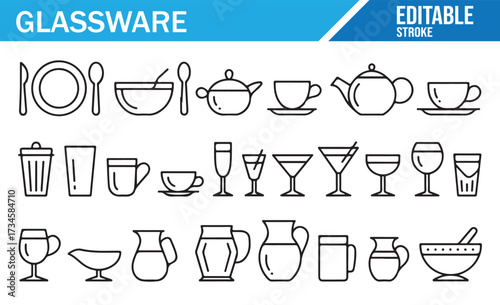 Minimal Glassware Icons — Tableware & Drinkware in Editable Stroke