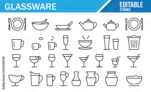 Glassware Line Icons Set — Editable Stroke Vector of Tableware and Drinkware: plates, bowls, teapot, cups, mugs, tumblers, goblets, wine glasses, pitchers, carafes, decanters, cocktail and beer vessel