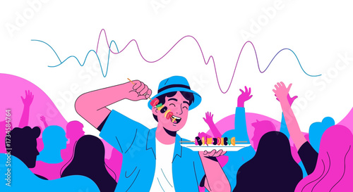 A Vibrant Celebration: Man Enjoying Street Food Amidst Cheering Crowd and Lively Music