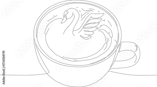Minimalist Outline Swan Latte Art in Coffee Cup Illustration