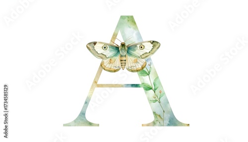Watercolor letter A with butterfly and floral design