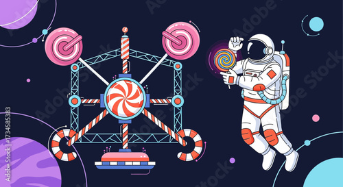 Astronaut enjoying a sweet treat with candy machine in futuristic cartoon space setting