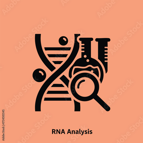 Scientific depiction of RNA analysis featuring a stylized DNA strand, laboratory glassware, and magnifying glass on a pastel