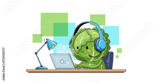 Cabbage character with headset coding on a laptop with a desk lamp illustration