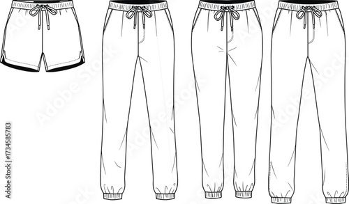 Fashion flat sketch, jogger pants, sports shorts, technical drawing, casual wear, apparel design, clothing template, vector illustration, activewear, sweatpants design