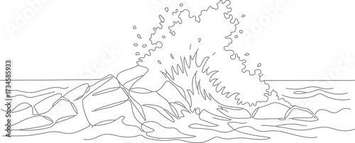 Detailed Outline Drawing Wave Crashing on Rocks Coastal Scene Illustration