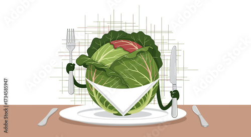 Cartoon cabbage character on a plate ready to eat with fork and knife illustration