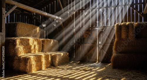 Interior of a weathered barn with hay bales illuminated by sunbeams.