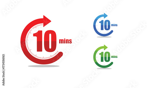 Ten Minutes Icon Set Isolated on White Background, 10 Minute Timer and Clock Vector Design.
