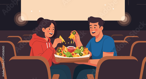 Cartoon depiction of a couple enjoying nachos at the cinema together watching a movie while