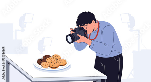 Cartoon food photographer shooting cookies in a studio setting with professional lighting,