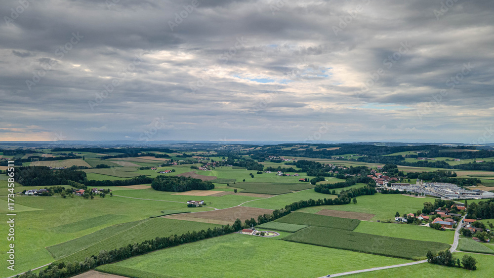 Fototapeta premium Haag am Hausruck Austria, aerial dron view, not AI, vista panoramic de dron, hermosos colores verdes y bosques