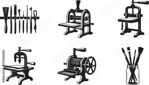 Illustrations of Art Supplies and Printmaking Equipment for Artistic Pursuits and Creative Production Processes