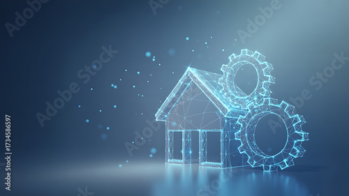 Futuristic digital house and gear network on blue background