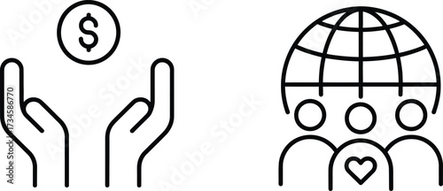 Hands holding dollar coin and globe with people icons Keywords: hands, holding, dollar, coin, money