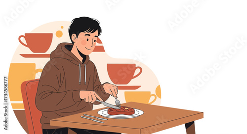 Cartoon illustration of a young man enjoying a steak in a cafe setting with coffee cups