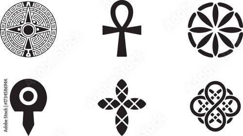 Collection of Ancient Cultural Symbols Featuring the Ankh Cross Aztec Calendar and Celtic Knot Exploring Global Spirituality and Heritage