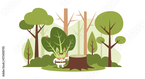 Cartoon Spinach Character in a Forest Landscape Near a Tree Stump Illustration