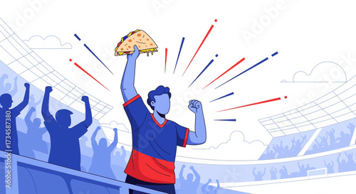 Celebrating Victory: Fan Holding a Sandwich at a Stadium with Cheering Crowd illustration