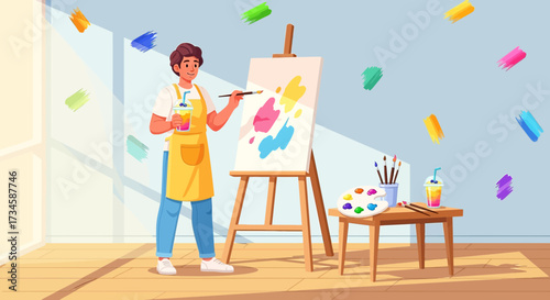 Cheerful artist creating colorful painting with passion in a sunlit studio setting