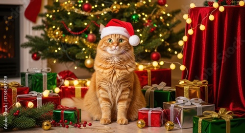 Ginger cat wearing a Santa hat sits among Christmas gifts under a decorated tree, near a fireplace.