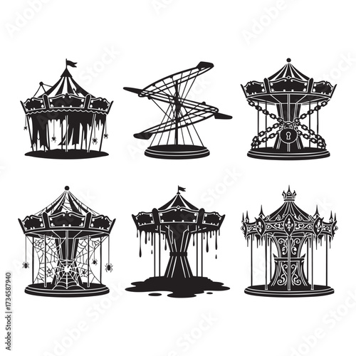 Halloween Haunted Carousel Silhouette Bundle Six Vector Elements